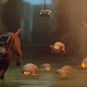 An orange cat runs away from a large group of weird and small alien-like bugs.